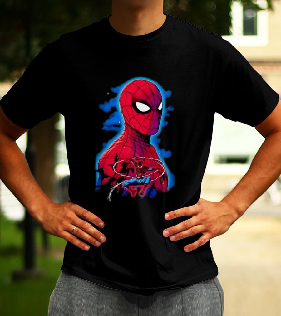 Marvel Spider Man Bust Crouching Web Action Silhouette Clouds T-Shirt