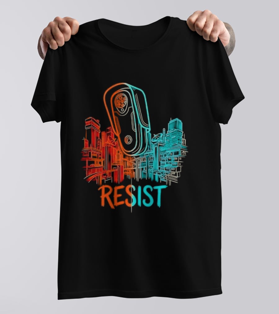 Resist Surveillance Neon City Skyline Security Camera T-Shirt