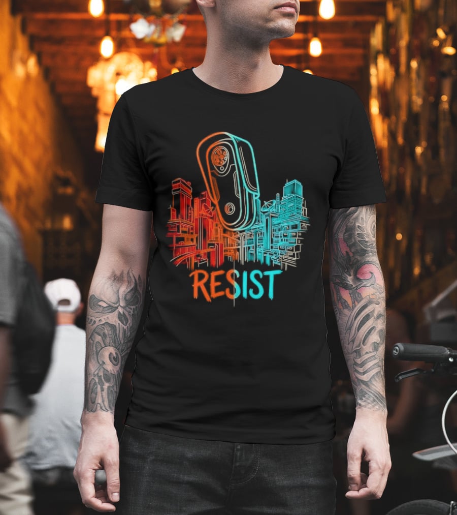 Resist Surveillance Neon City Skyline Security Camera T-Shirt