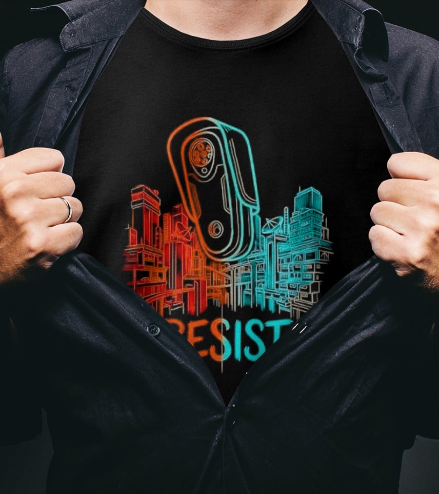 Resist Surveillance Neon City Skyline Security Camera T-Shirt