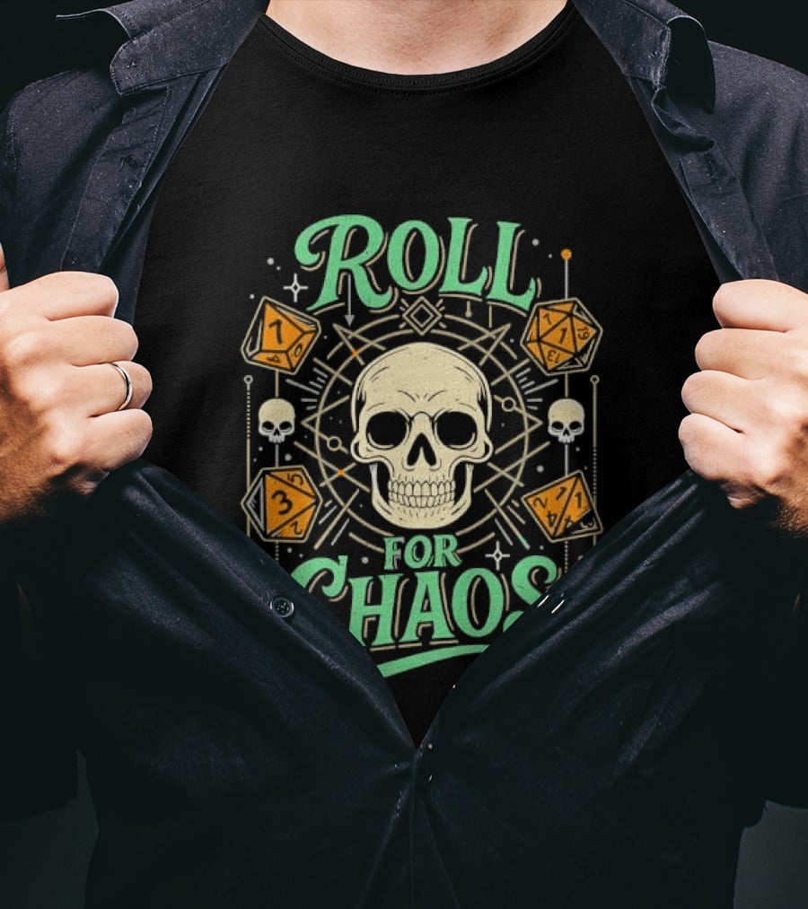 Roll For Chaos Skull RPG Dice Geometric Polyhedral Line T-Shirt