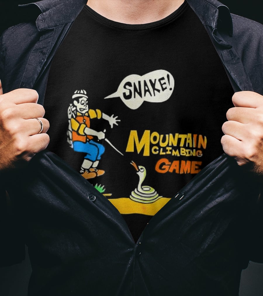 Snake Mountain Climbing Game Startled Climber Coiled Serpent Cartoon T-Shirt