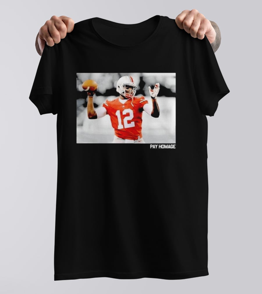 Ohio State Buckeyes Quarterback Number 12 Throwing Football Selective Color Pay Homage T-Shirt