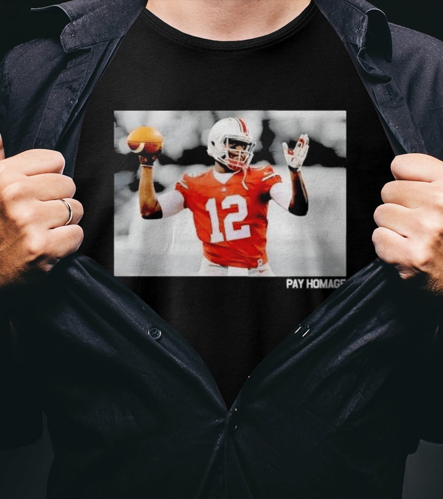 Ohio State Buckeyes Quarterback Number 12 Throwing Football Selective Color Pay Homage T-Shirt