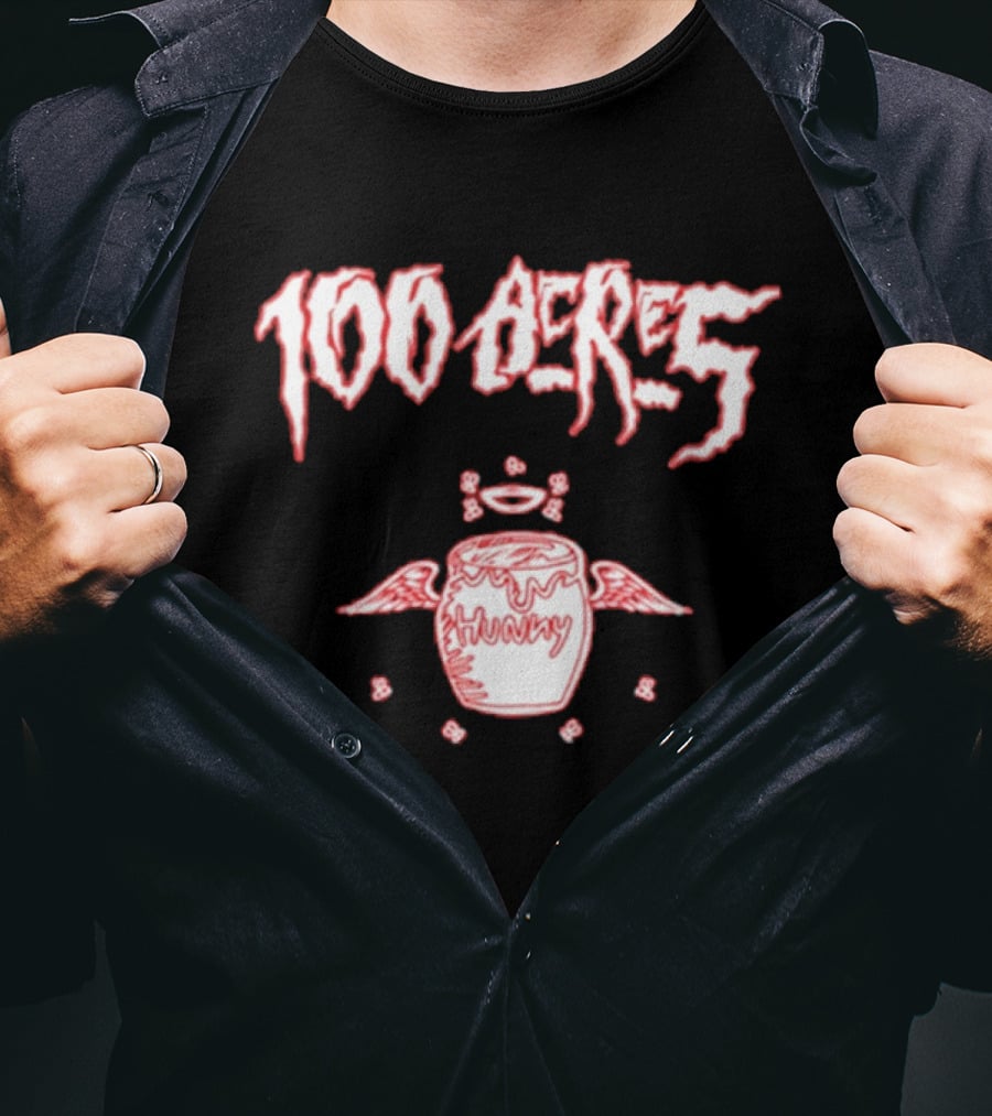 100 Acres Hunny Winged Honey Pot With Dripping Text And Doodles T-Shirt