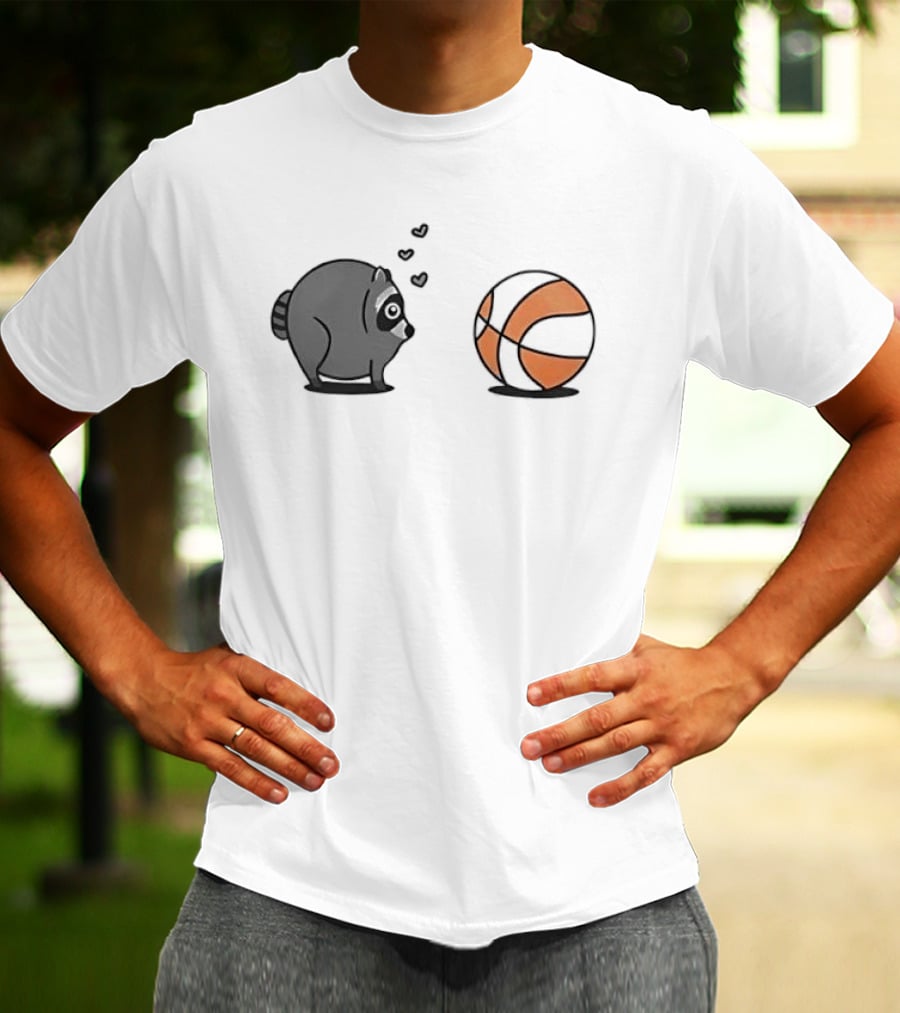 Chubby Cartoon Raccoon Admiring Basketball With Pink Hearts T-Shirt