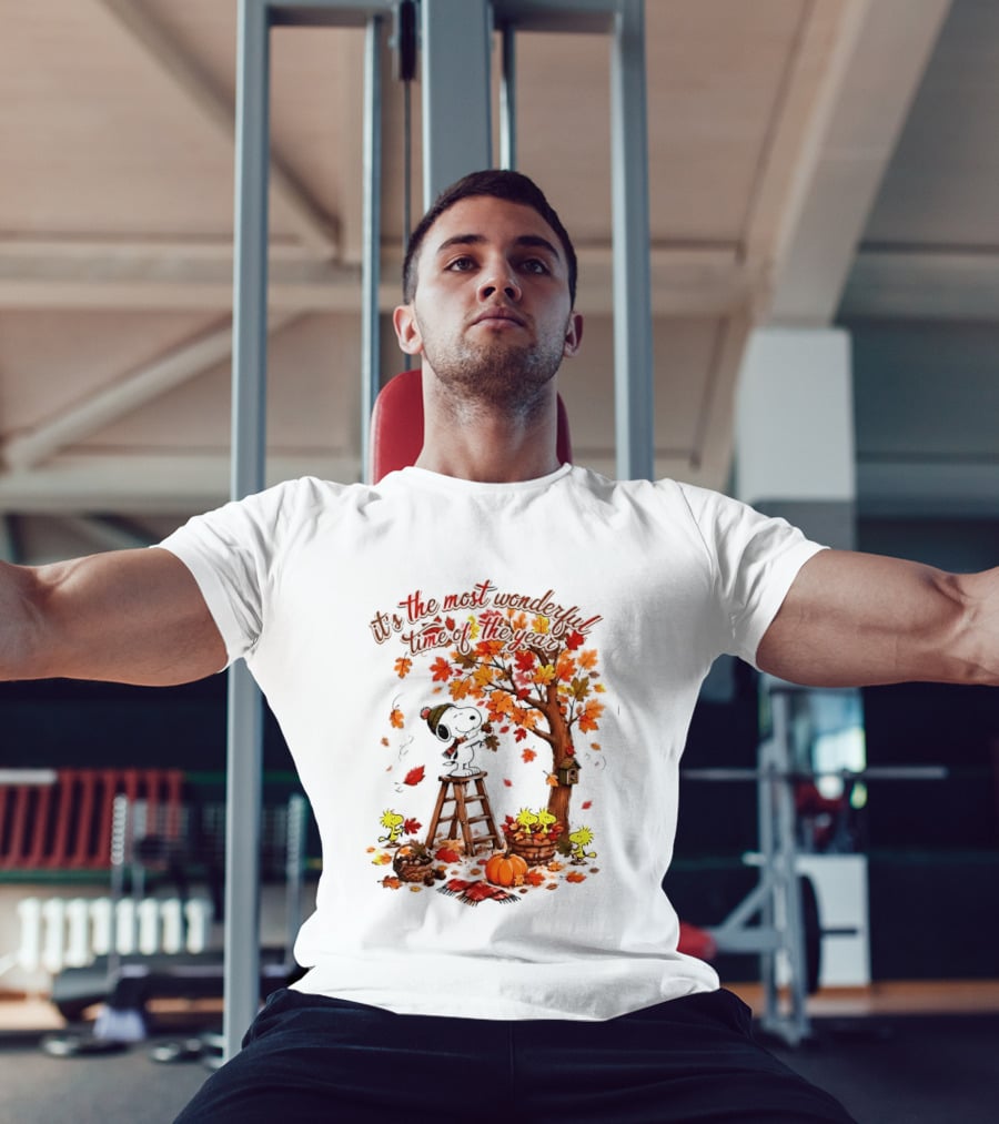 Snoopy It's The Most Wonderful Time Of The Year Autumn Tree Pumpkin Woodstock T-Shirt