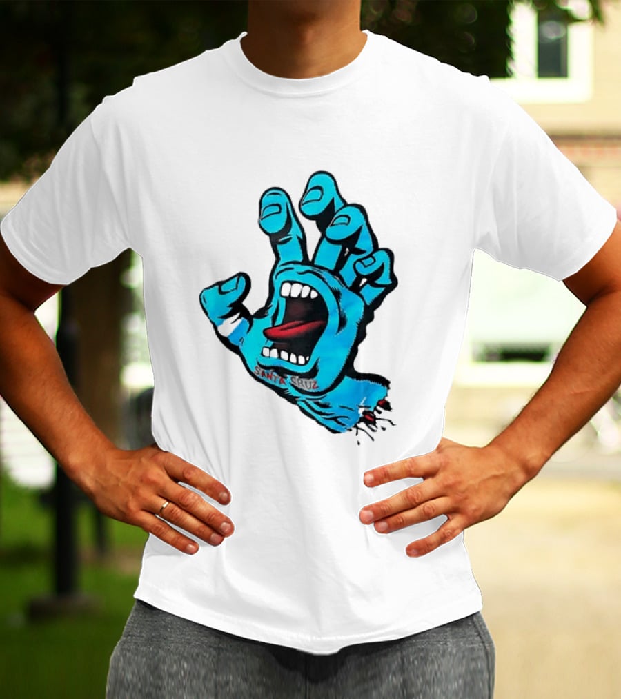 Santa Cruz Blue Screaming Hand Open Mouth Tongue Cartoon T-Shirt