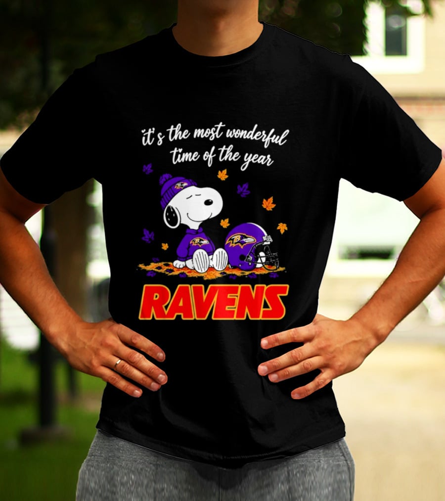 Baltimore Ravens It's The Most Wonderful Time Of Year Snoopy Sitting Leaves Football Helmet T-Shirt