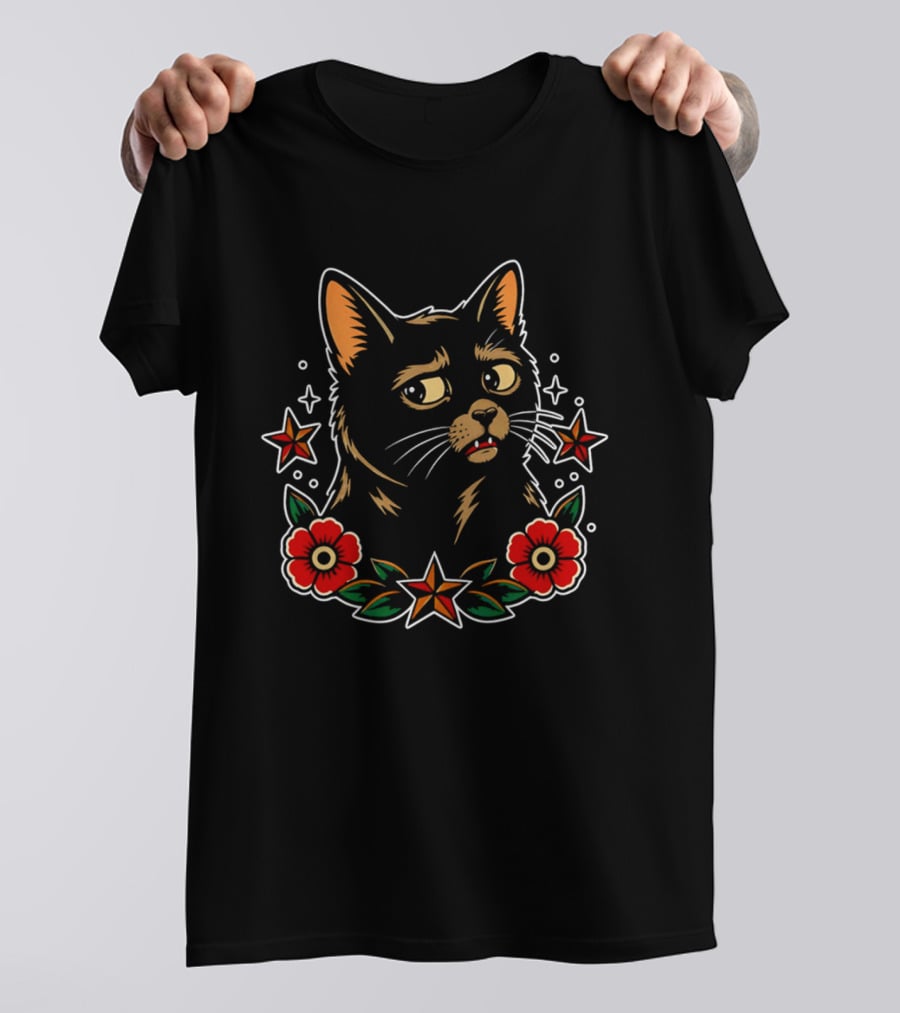Black Cat Surrounded By Stars And Red Flowers T-Shirt