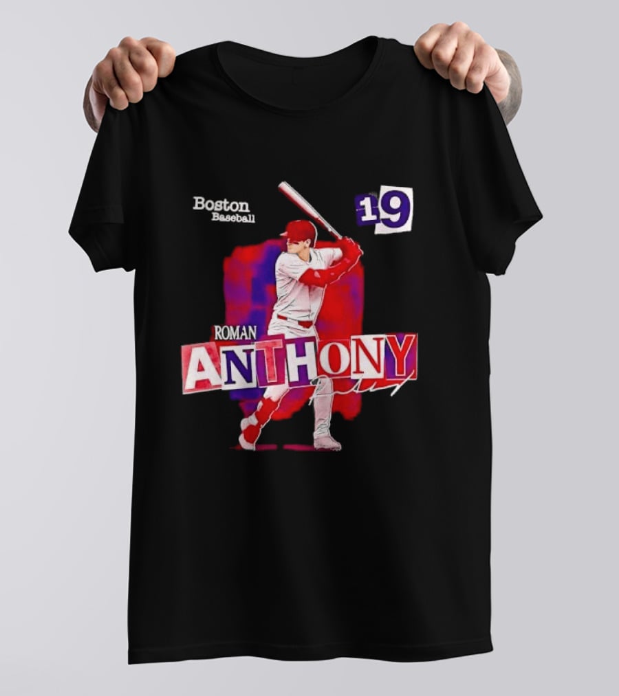 Boston Baseball 19 Roman Anthony Player Batting Red Paint T-Shirt