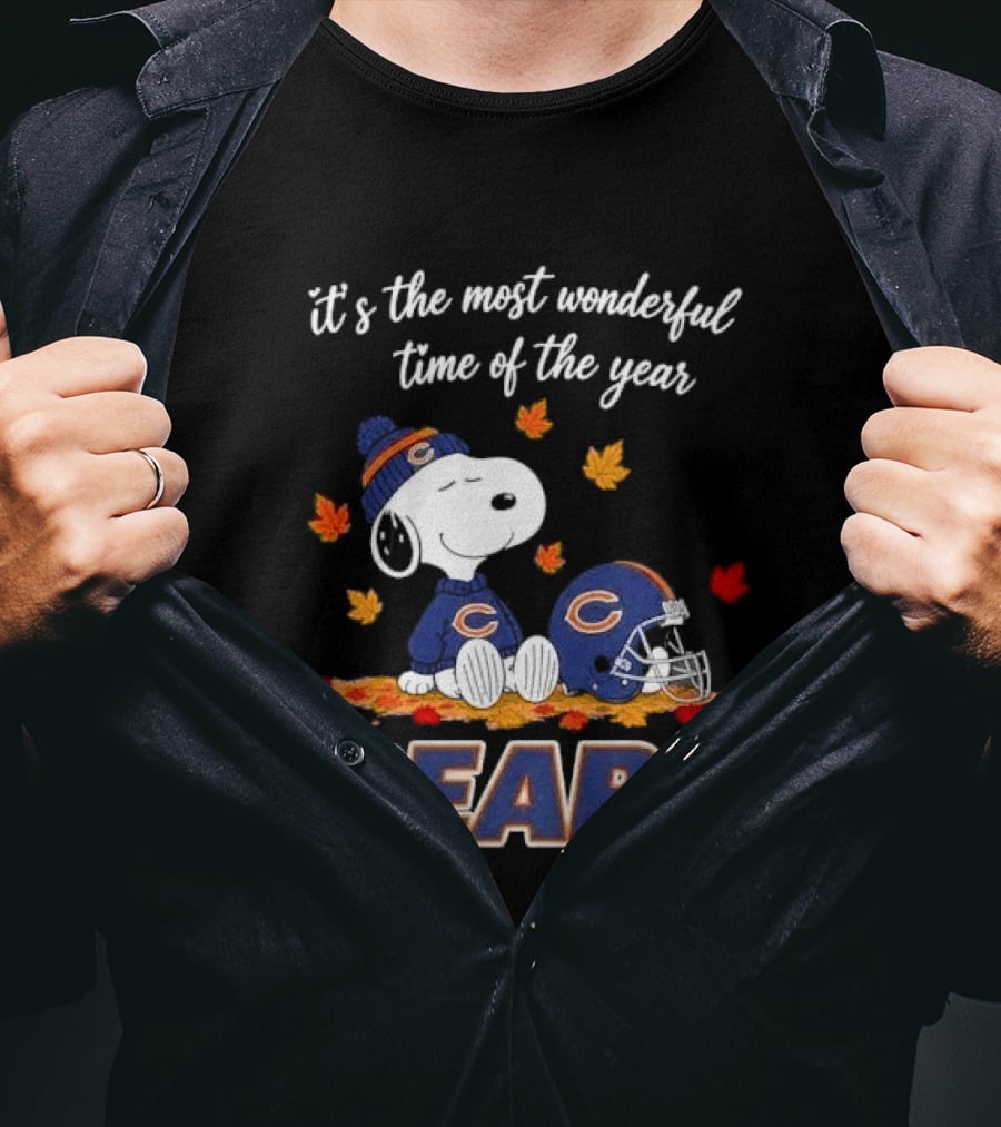 Chicago Bears Snoopy Most Wonderful Time Autumn Leaves Football Helmet T-Shirt