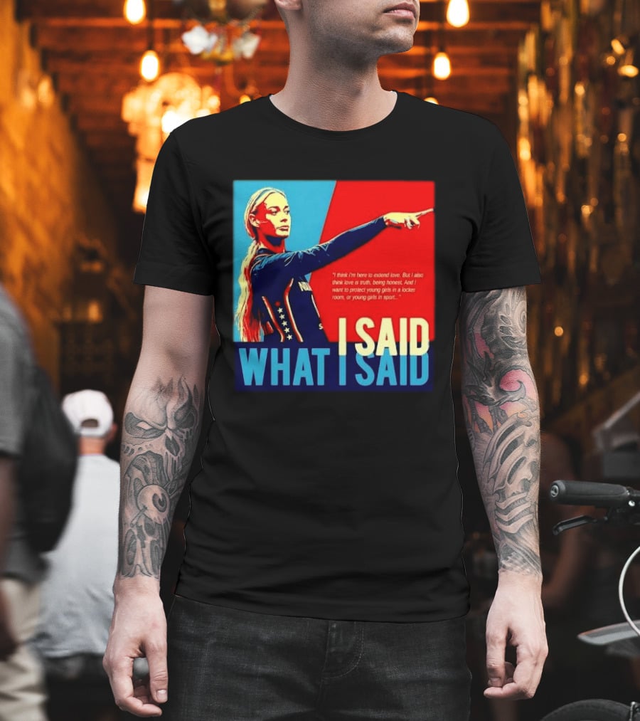I Said What Blonde Female Athlete Pointing Red Blue Stylized Truth Honesty Protecting Young Girls In Sport T-Shirt