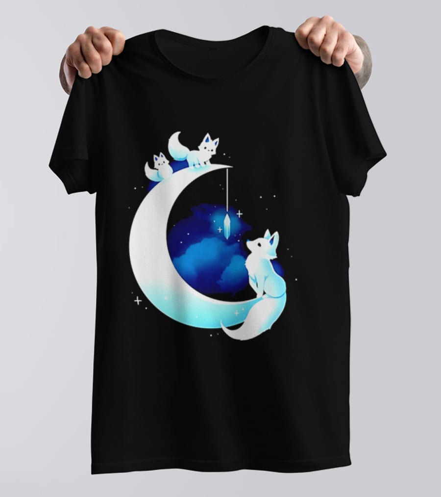 Glowing White Arctic Foxes Crescent Moon Crystal Night Sky T-Shirt