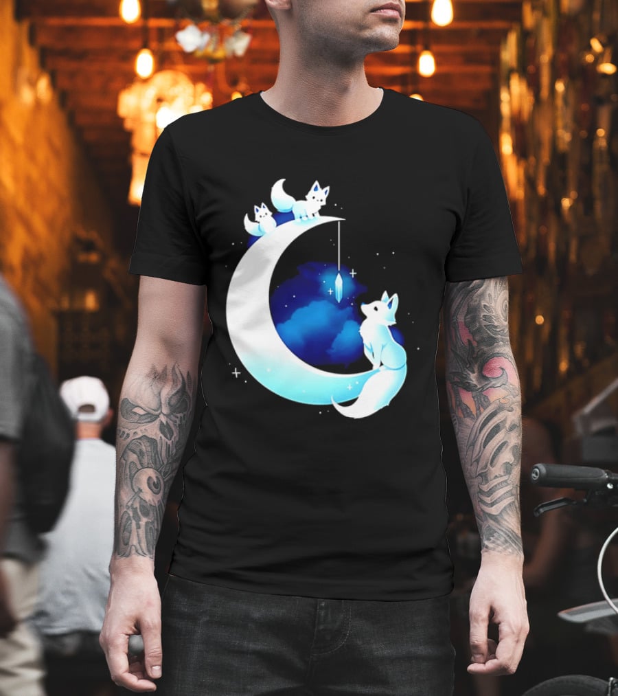 Glowing White Arctic Foxes Crescent Moon Crystal Night Sky T-Shirt