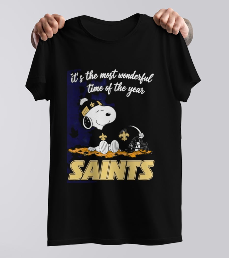 New Orleans Saints Snoopy Beanie Helmet Autumn Leaves Most Wonderful Time Of Year T-Shirt
