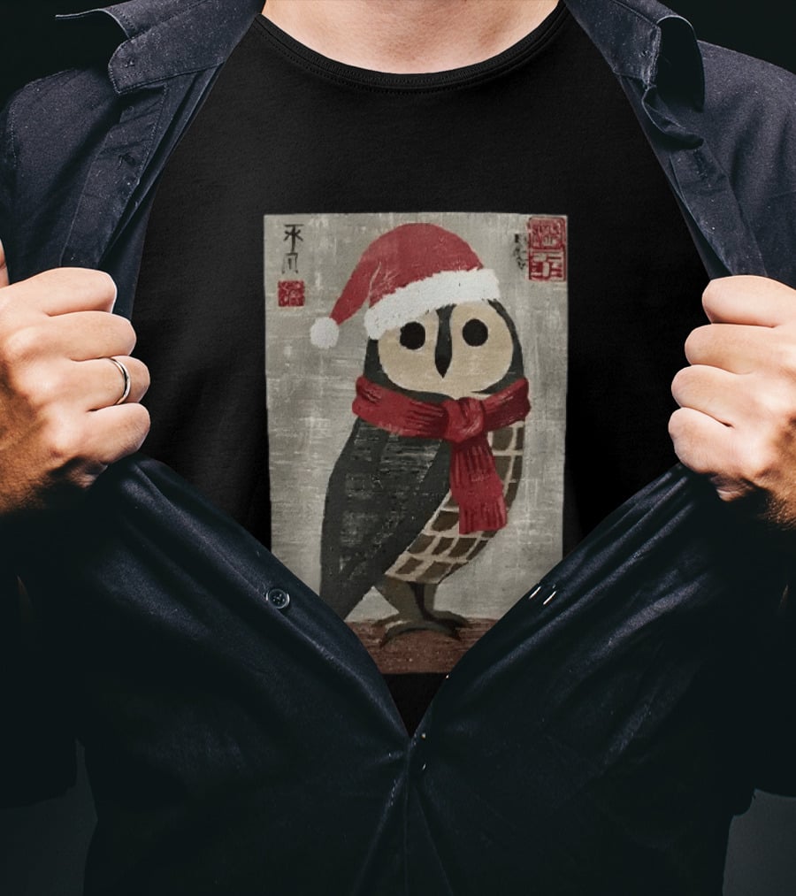 Owl With Red Santa Hat And Scarf Japanese Calligraphy T-Shirt