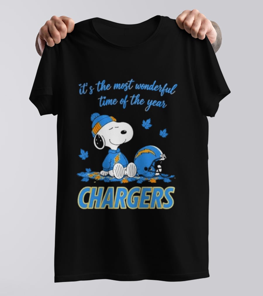 It's The Most Wonderful Time Of The Year Los Angeles Chargers Snoopy Sitting Helmet Falling Leaves T-Shirt