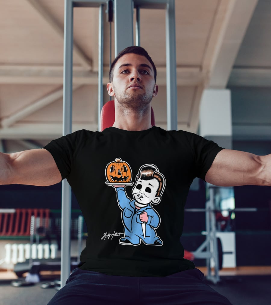 Lucky Hellcat Michael Myers Cartoon Pumpkin Knife Caricature T-Shirt