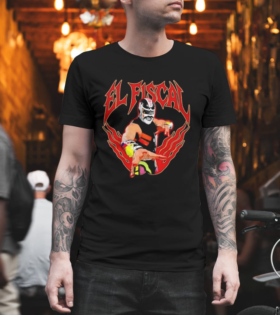 El Fiscal Masked Luchador Wrestler With Flame Hand Frame T-Shirt