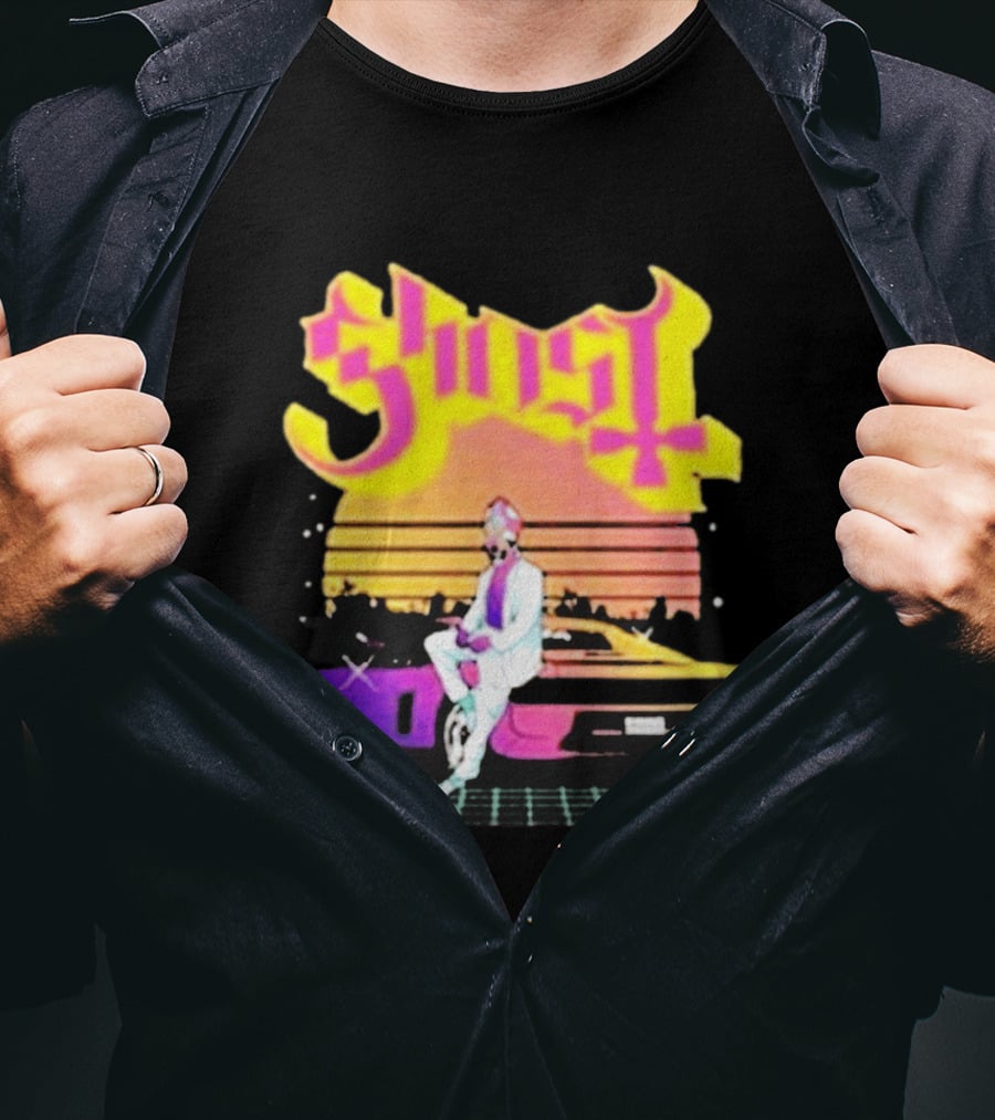 Ghost Miami Vice Retro Sunset Car Scene T-Shirt