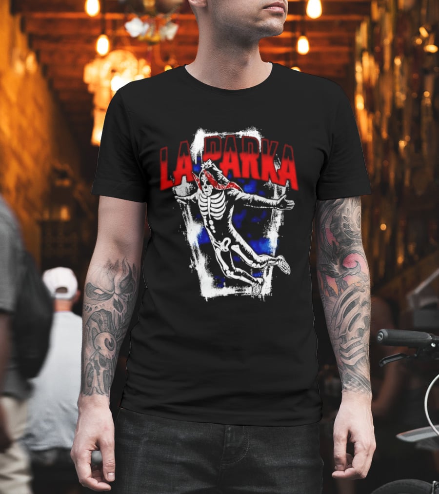 LA Parka Masked Skeleton Wrestler Jumping Distressed Frame T-Shirt