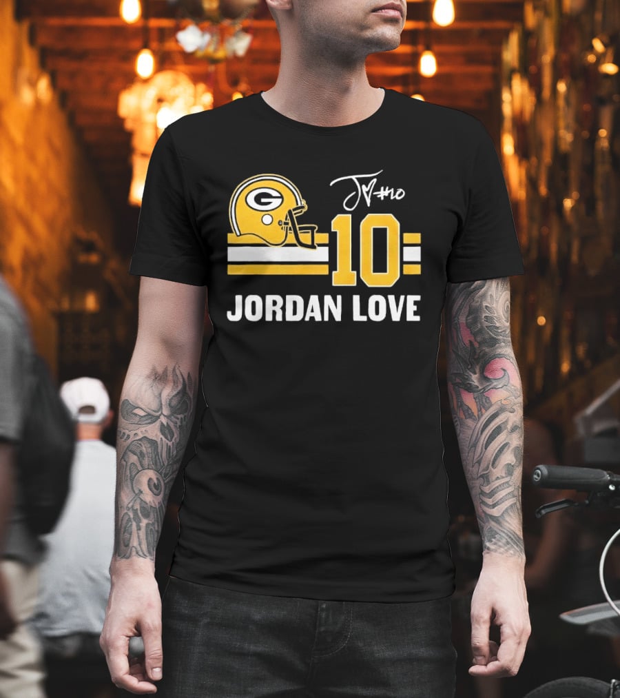 Green Bay Packers Jordan Love 10 Helmet Stripes JM Signature Distressed T-Shirt