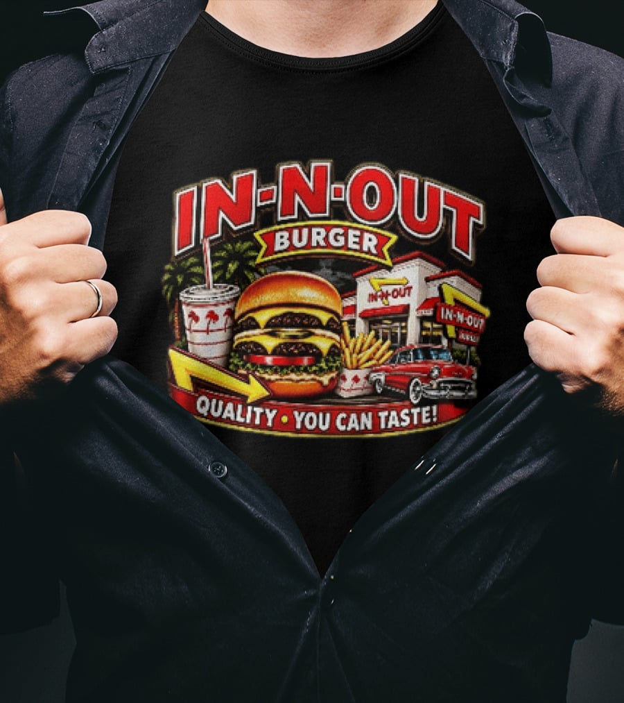 In N Out Burger Quality You Can Taste Palm Trees Classic Car Hamburger Fries Retro Restaurant Scene T-Shirt