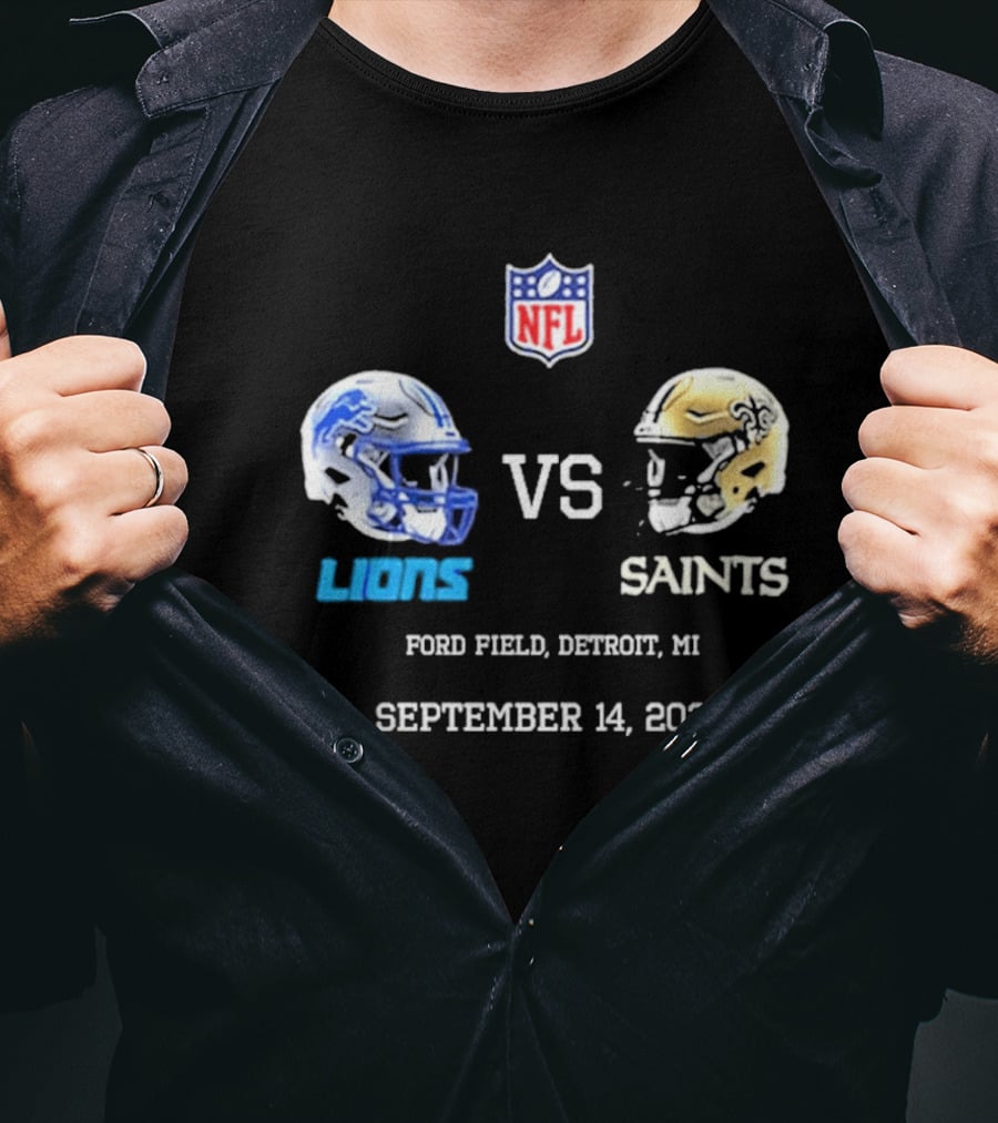 NFL New Orleans Saints Vs Detroit Lions Helmets Ford Field September 14 2026 T-Shirt
