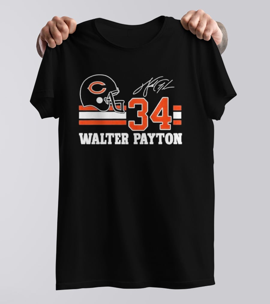 Chicago Bears Walter Payton 34 Distressed Helmet Stripes Signature T-Shirt