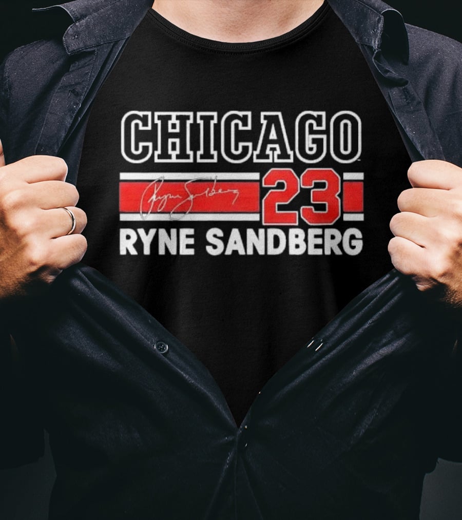 Chicago Cubs Ryne Sandberg 23 Red White Horizontal Stripes Distressed T-Shirt