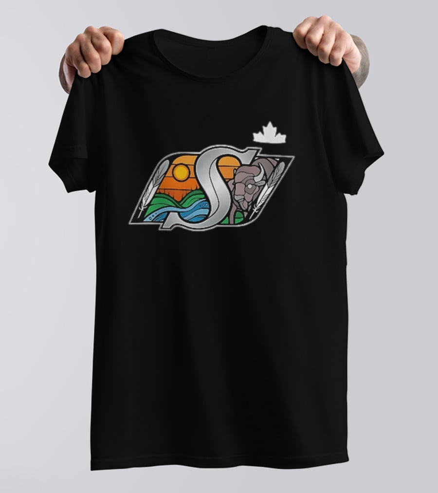 Saskatchewan Roughriders 2025 Indigenous Heritage Special Buffalo Sunrise Feather River T-Shirt