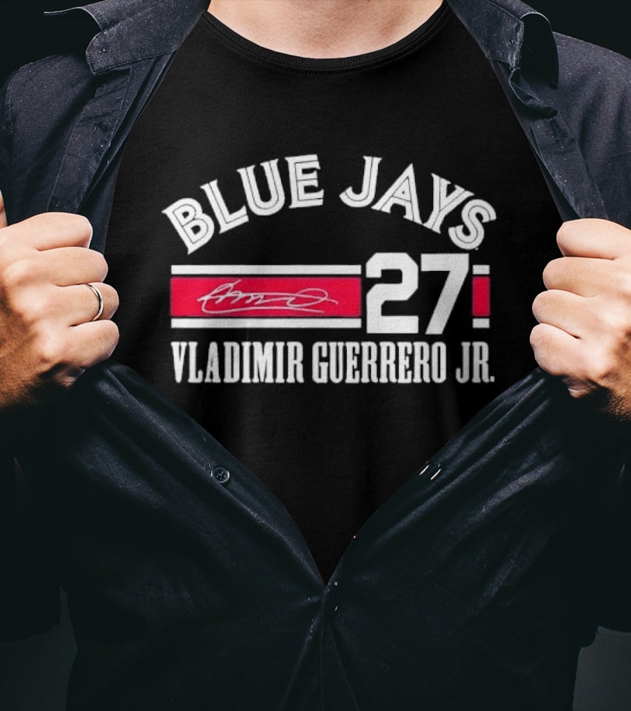 Blue Jays Vladimir Guerrero Jr 27 Red Stripe Signature Distressed T-Shirt