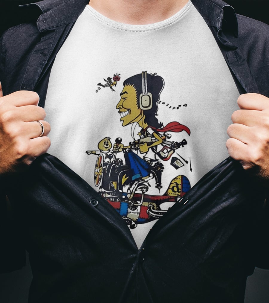 Cartoon Caricature Man With Headphones Riding Flying Rocket Airplane T-Shirt