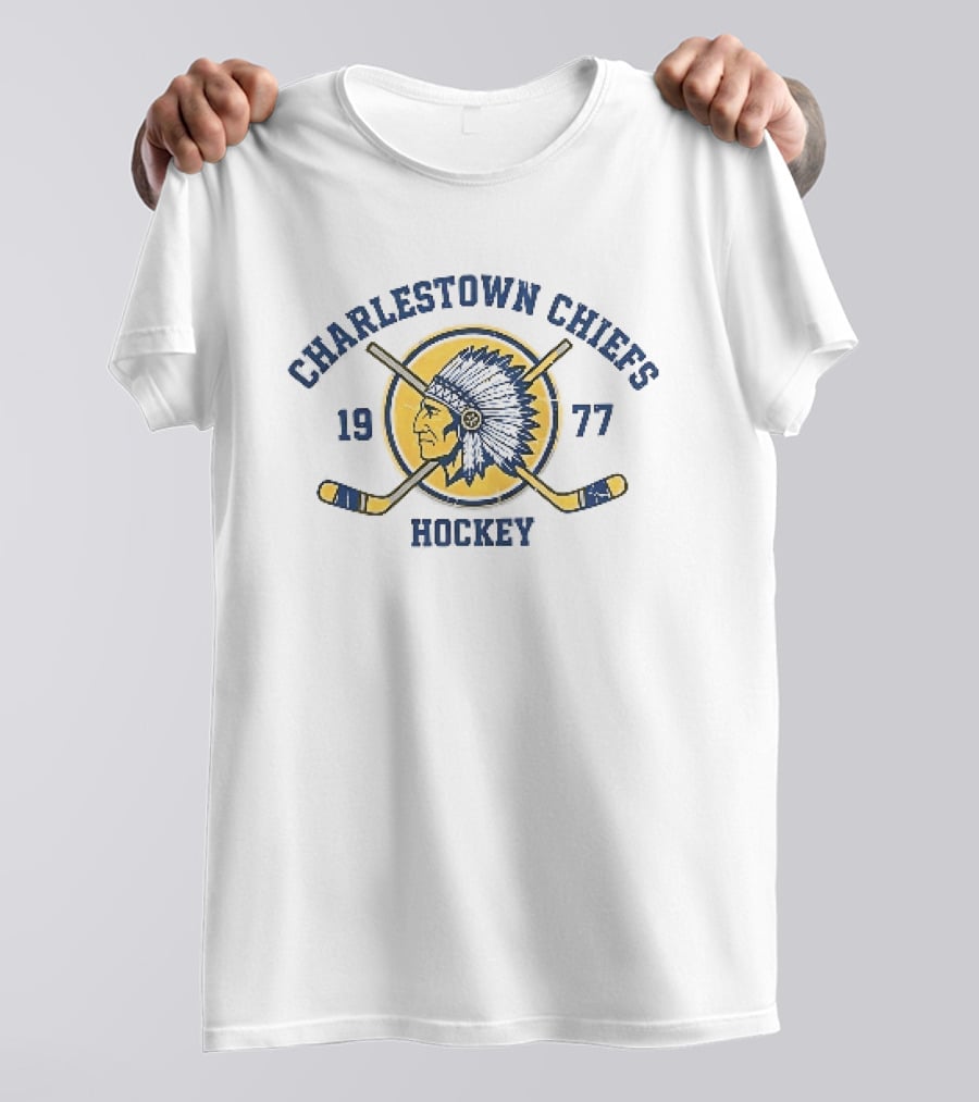 Charlestown Chiefs 1977 Hockey Team Logo With Vintage Native American Head And Crossed Hockey Sticks T-Shirt