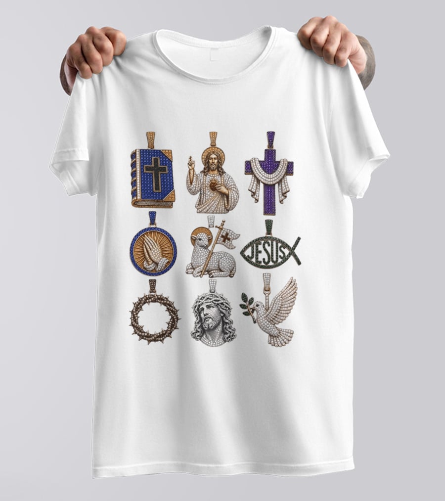 Jesus Cross Bible Lamb Fish Dove Crown Praying Hands Gemstone Pendants Collection T-Shirt