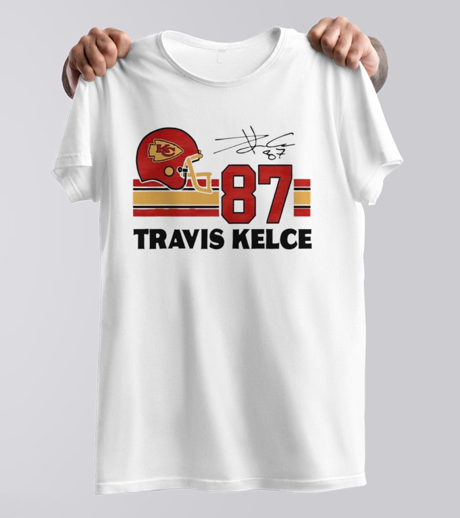 Kansas City Chiefs Travis Kelce 87 Red Gold Helmet Stripes T-Shirt