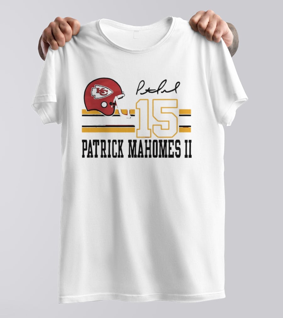 Kansas City Chiefs Patrick Mahomes II Number 15 Signature Football Helmet Stripes T-Shirt