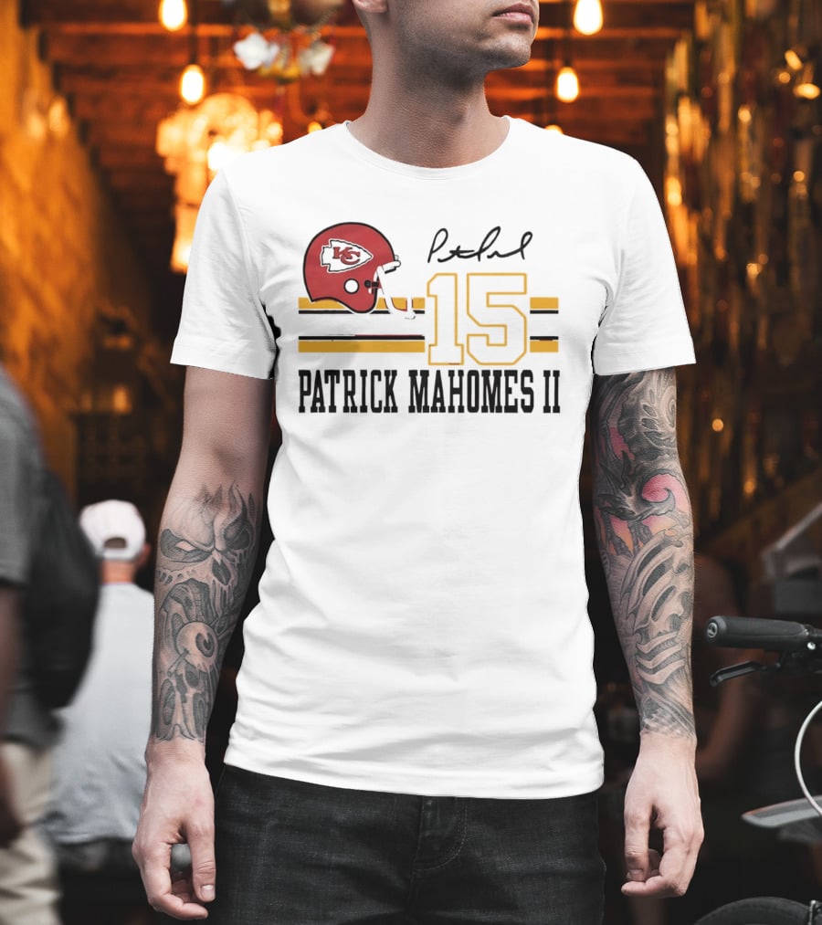 Kansas City Chiefs Patrick Mahomes II Number 15 Signature Football Helmet Stripes T-Shirt