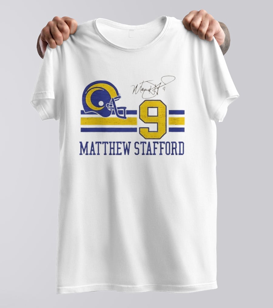 Los Angeles Rams Matthew Stafford Helmet Autograph Number 9 Blue Yellow Stripes T-Shirt