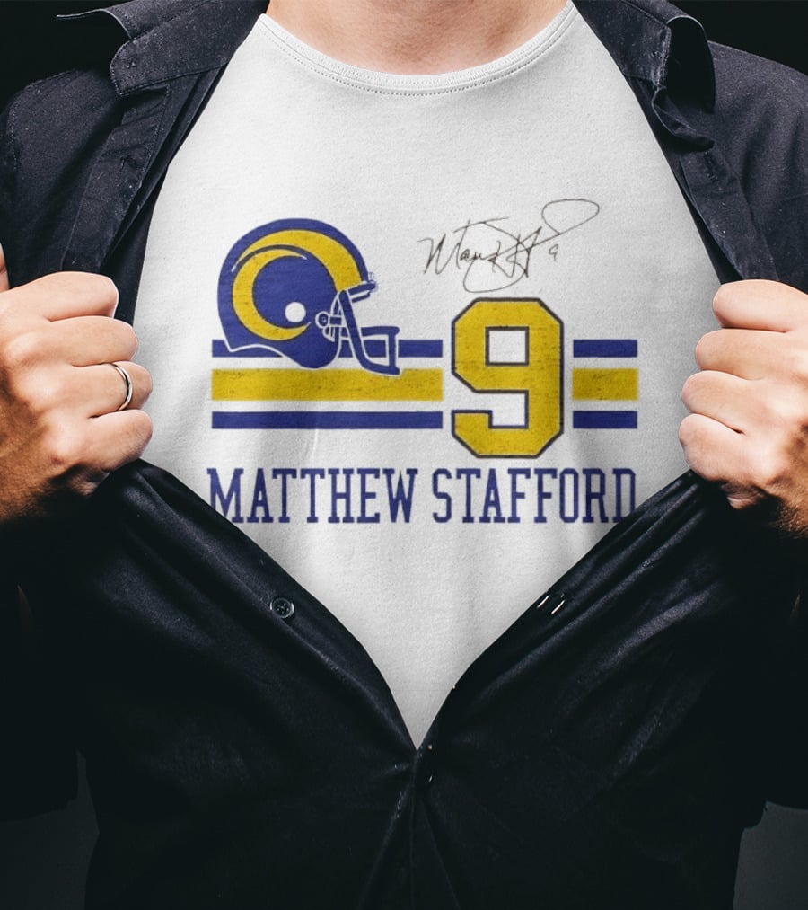 Los Angeles Rams Matthew Stafford Helmet Autograph Number 9 Blue Yellow Stripes T-Shirt