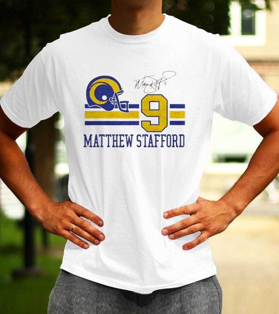 Los Angeles Rams Matthew Stafford Helmet Autograph Number 9 Blue Yellow Stripes T-Shirt