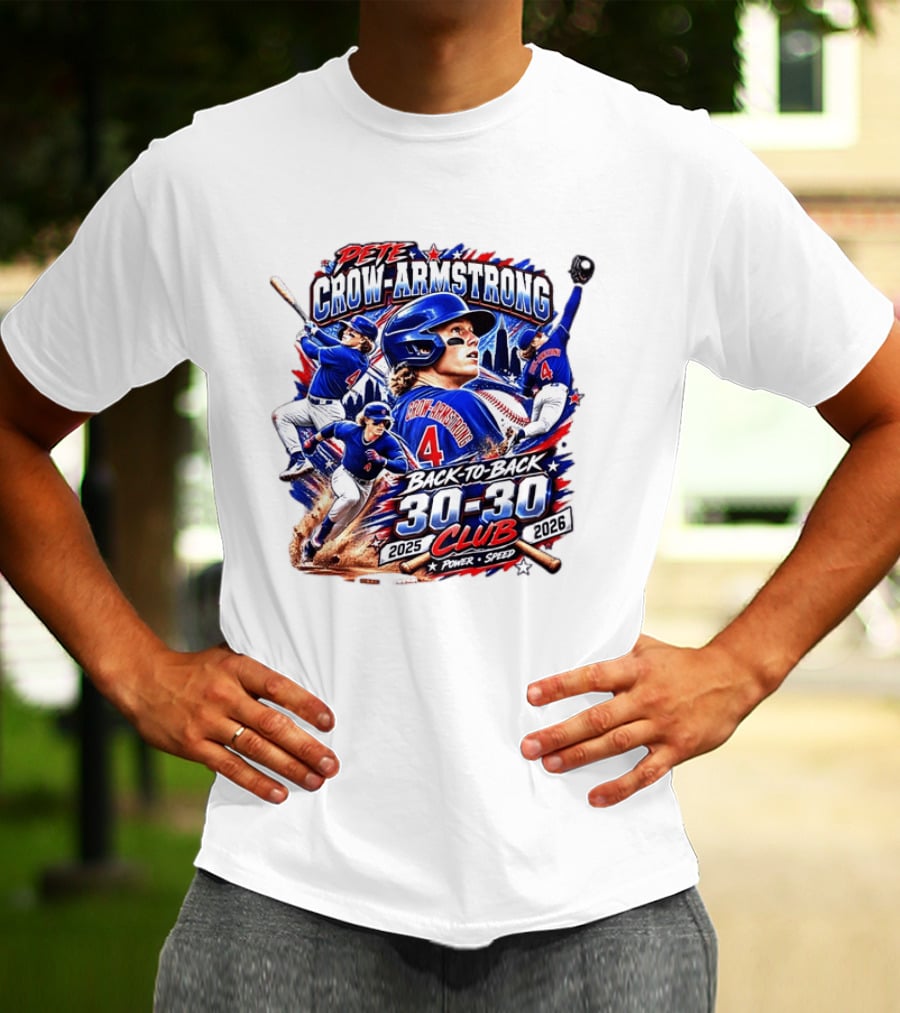 Pete Crow Armstrong Back To Back 30 30 Club 2025 2026 Power Speed Chicago Baseball Action Skyline T-Shirt