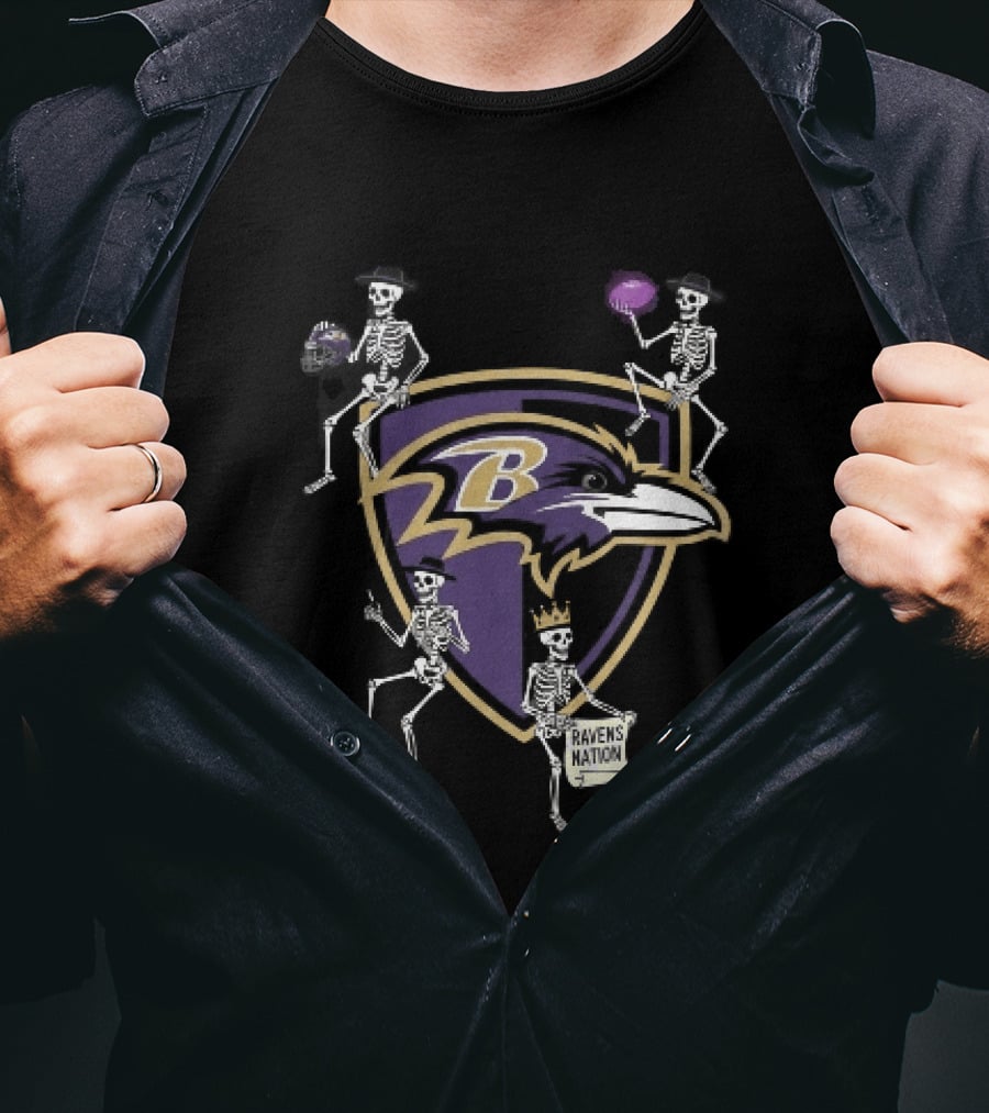 Baltimore Ravens Nation Skeletons Football Helmet Shield Ravens Logo Halloween T-Shirt