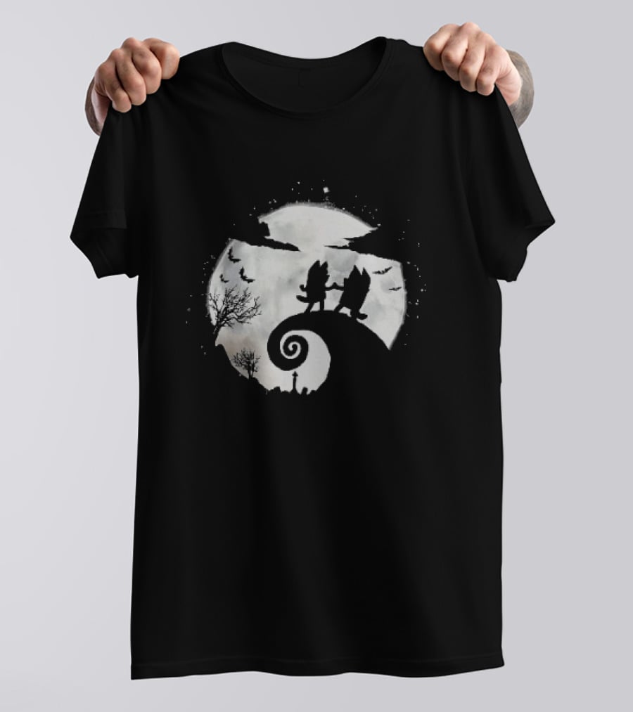 Bluey And Bingo Halloween Mashup With Iconic Moonlit Hill Scene T-Shirt