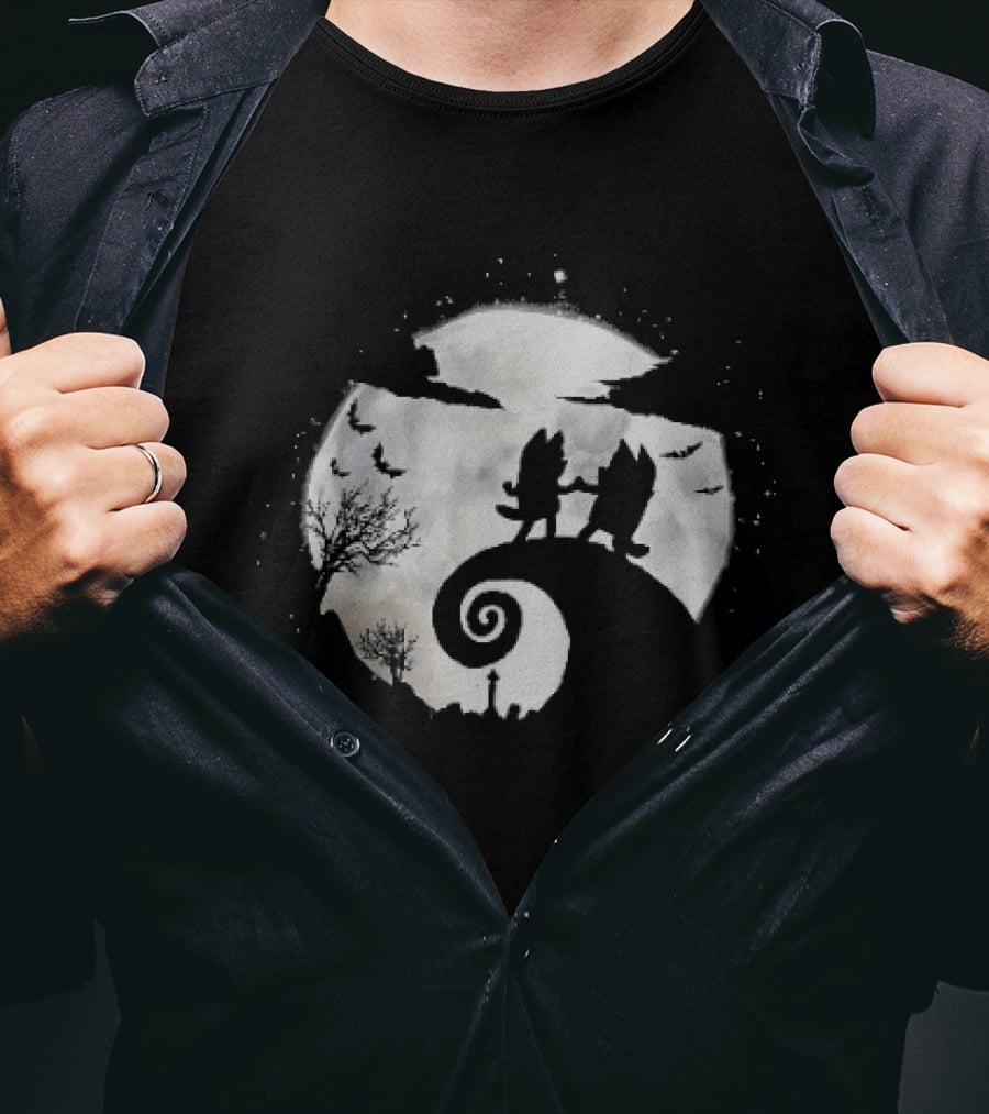 Bluey And Bingo Halloween Mashup With Iconic Moonlit Hill Scene T-Shirt