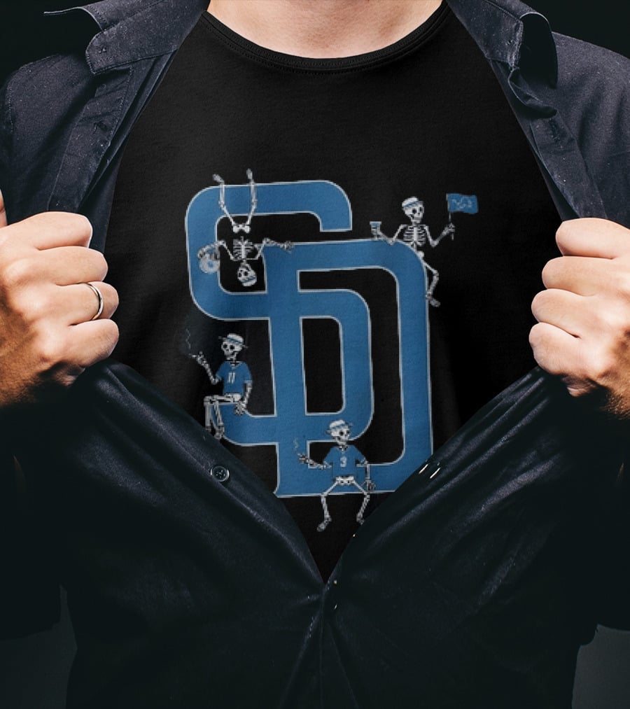 Detroit Lions San Diego Padres MLB Skeletons Interlocking SD T-Shirt