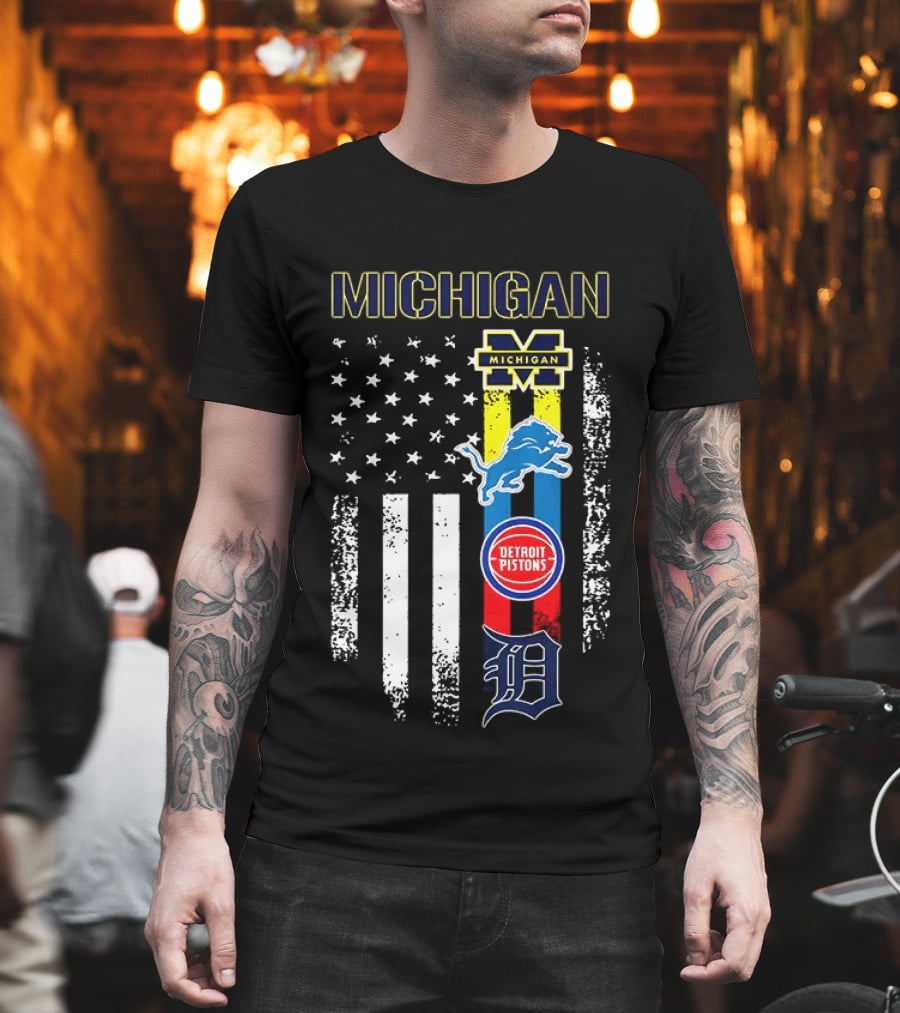 Michigan Wolverines Detroit Lions Pistons Tigers Flag T-Shirt