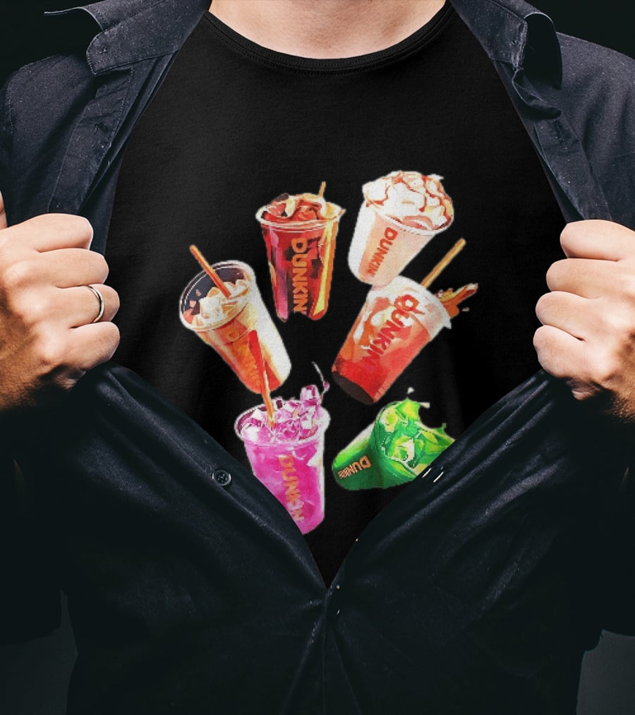 Dunkin Colorful Iced Coffee Beverages Splash With Straws T-Shirt