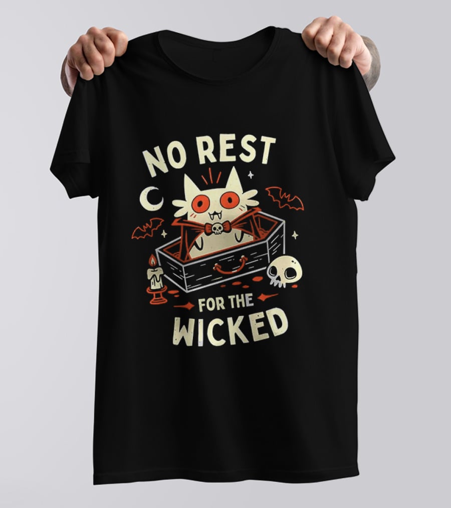 No Rest For The Wicked Vampire Cat Halloween Humor With Bats And Skull T-Shirt